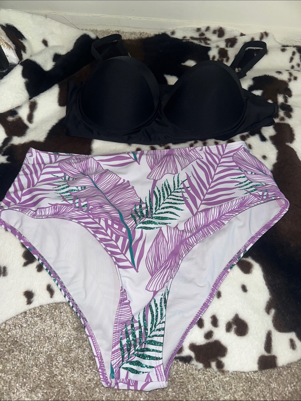 Black Bikini Top with Purple Tropical High-Waist Bottoms